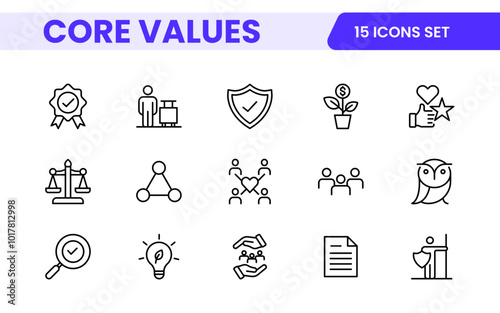 Core Values outline icons set. Core, values, business, leadership, goals, target, client, quality, success, responsibility and quality.