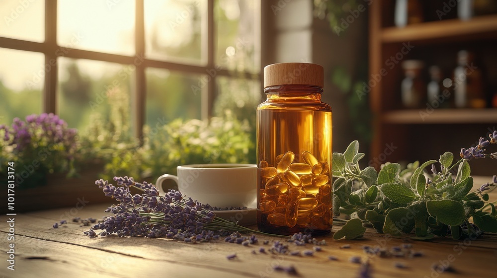 A bottle of natural herbal supplements glows warmly beside fresh herbs on a rustic table, embodying health and wellness in a serene setting.