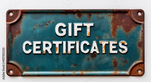 Gift certificates lettering on antique rugged rusty metal sign on plain white background