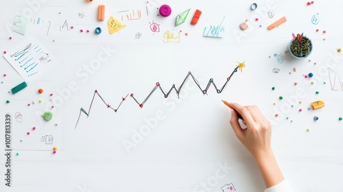 A hand drawing a growth curve on a whiteboard, surrounded by data charts and notes.