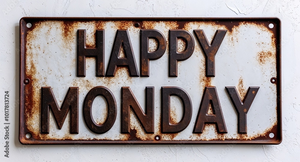 happy Monday lettering on antique rugged rusty metal sign on plain white background happy Monday lettering on antique rugged rusty metal sign on plain white background