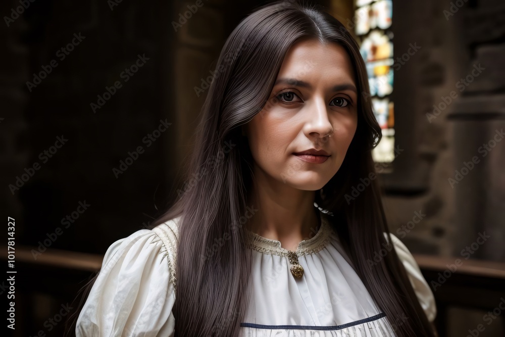 Transylvanian woman in chapel close-up, white dress Transylvanian woman in chapel close-up, white dress