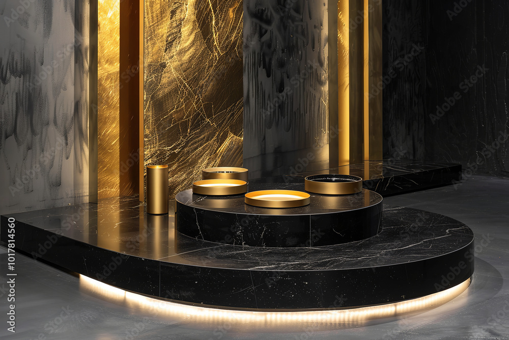 Black gold podiums on dark background with shadows. 3D e-commerce display space. Gold podium background 3D stage on dark platform display. Black gold podiums on dark background with shadows. 3D e-commerce display space. Gold podium background 3D stage on dark platform display.