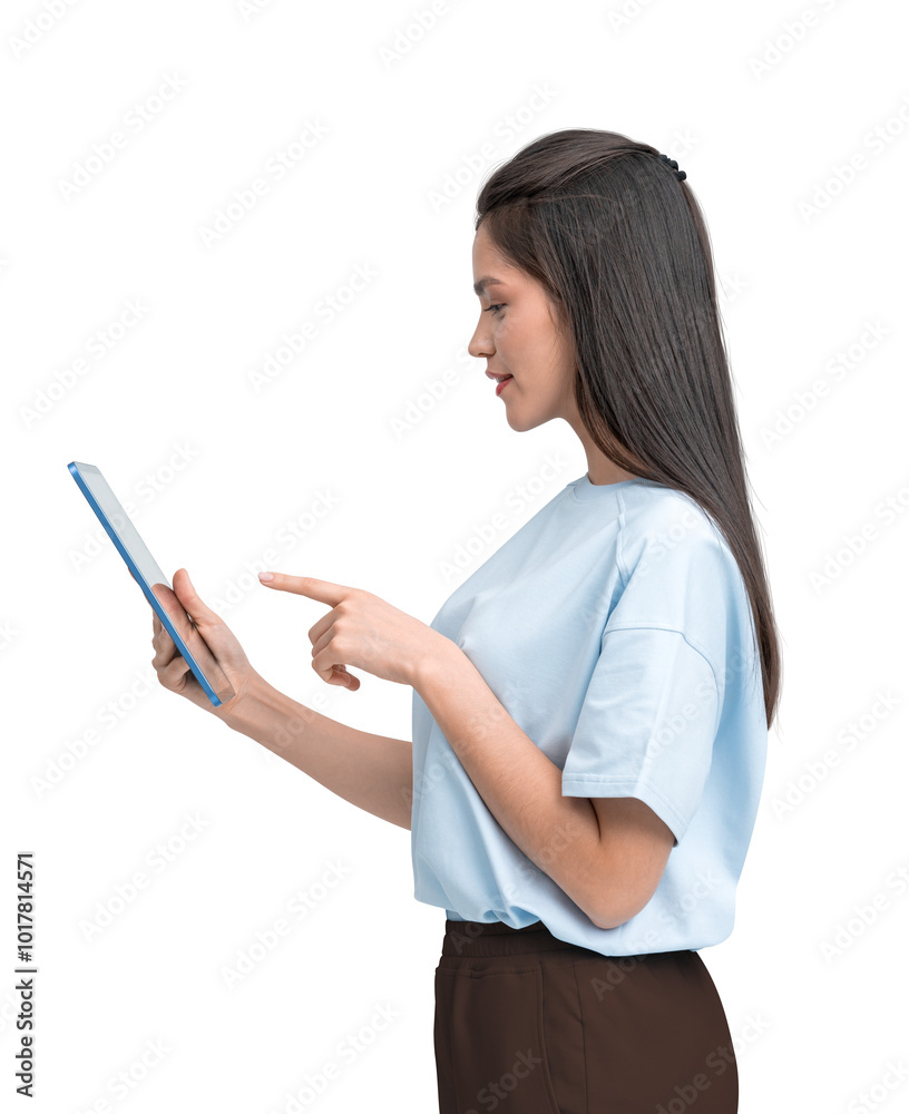 Side view of a woman in casual attire using a tablet, isolated on a white background. Concept of technology and digital communication Side view of a woman in casual attire using a tablet, isolated on a white background. Concept of technology and digital communication