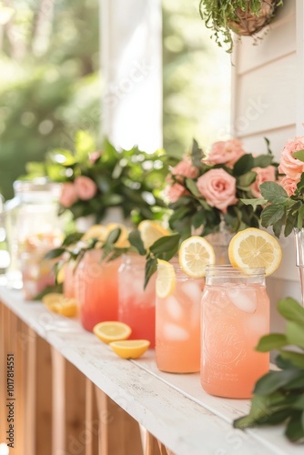 A fun DIY drink station with lemonade, iced tea, and fruit slices. Guests are mixing their drinks while enjoying the warm, Generative AI