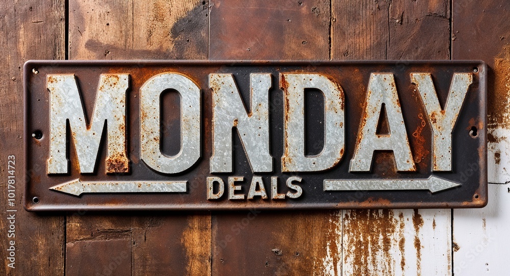 Monday deals lettering on antique rugged rusty metal sign on plain white background Monday deals lettering on antique rugged rusty metal sign on plain white background