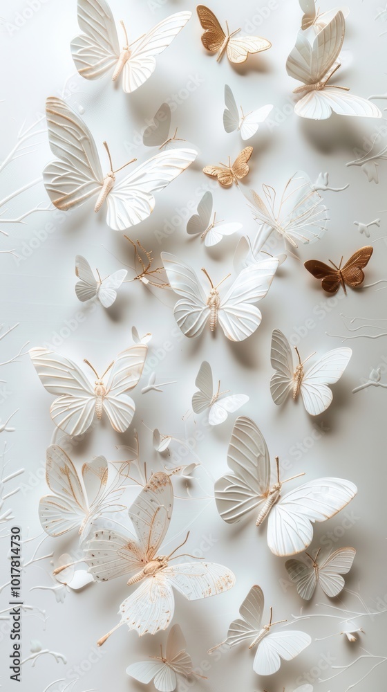 A delicate arrangement of various butterflies in white and gold, set against a subtle background, perfect for themes of nature, elegance, or transformation in design projects A delicate arrangement of various butterflies in white and gold, set against a subtle background, perfect for themes of nature, elegance, or transformation in design projects