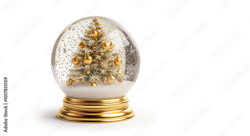 Snow globe from clear glass with a golden Christmas tree inside on a golden stand with a smooth surface. Piece of the holiday concept. Snow globe from clear glass with a golden Christmas tree inside on a golden stand with a smooth surface. Piece of the holiday concept.