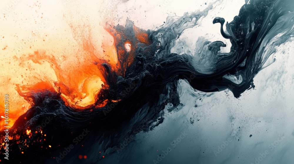 Dynamic swirling patterns of black and orange liquid create an abstract representation of fire and smoke, suitable for backgrounds, digital art, or design projects focused on energy and movement, Dynamic swirling patterns of black and orange liquid create an abstract representation of fire and smoke, suitable for backgrounds, digital art, or design projects focused on energy and movement,