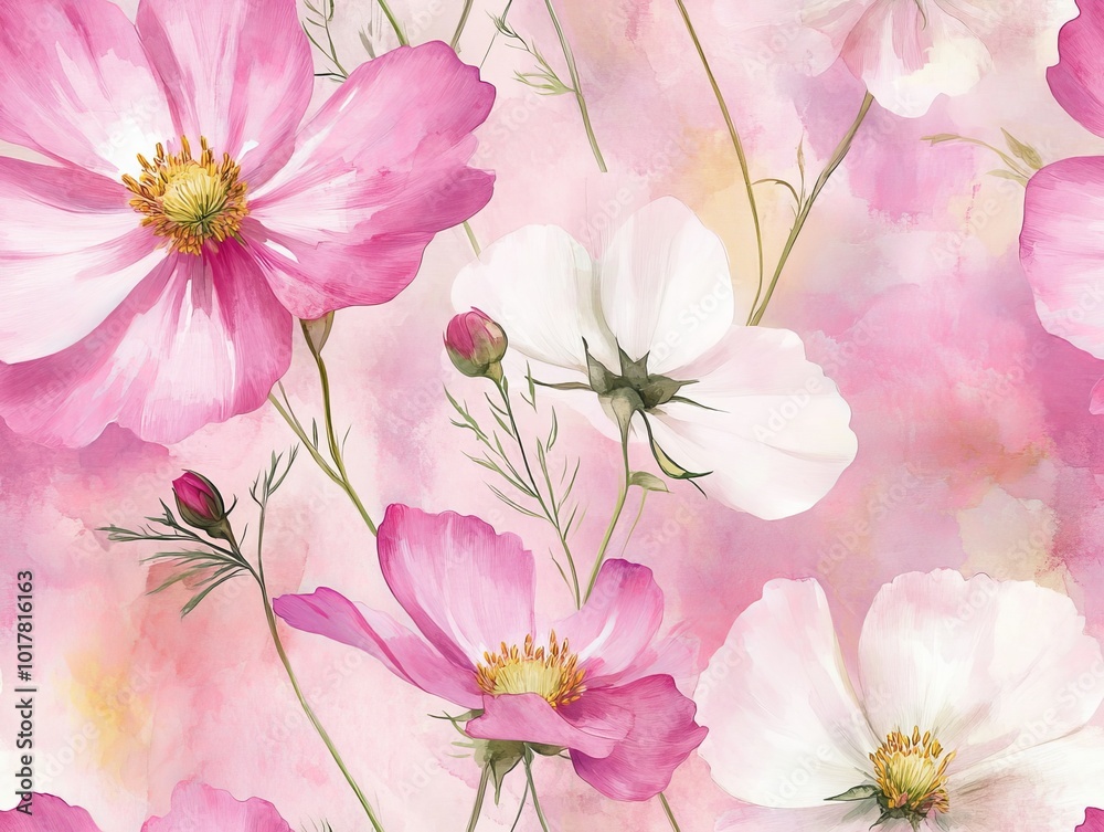 Fototapeta premium Seamless pattern of beautiful watercolor floral pattern with pink and white flowers on a soft pastel background.