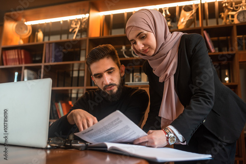 Business team of young man and Muslim woman working together on the project planning strategy in the modern office, business consultant meeting is discussing financial situation Finance and Accounting