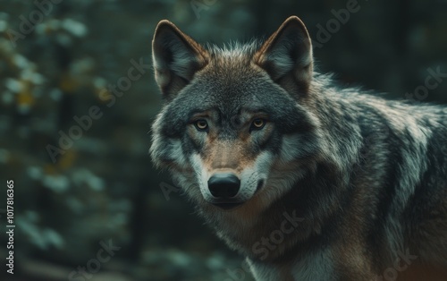 A close-up of a wolf showcasing its striking features and intense gaze in a natural setting.