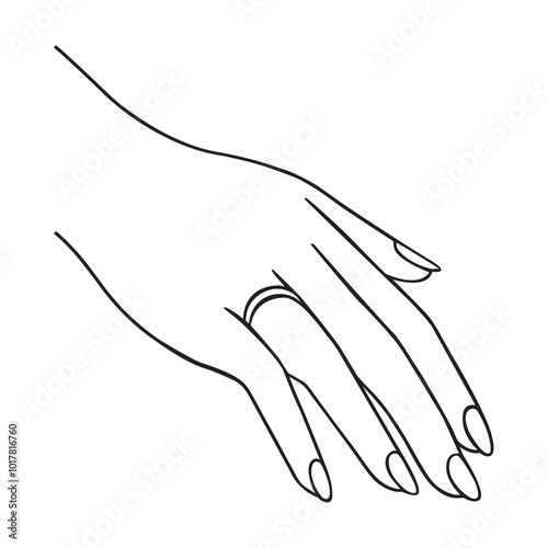 Continuous single line drawing of hand wearing wedding couple rings. One line art of engagement and love marriage symbol vector illustration