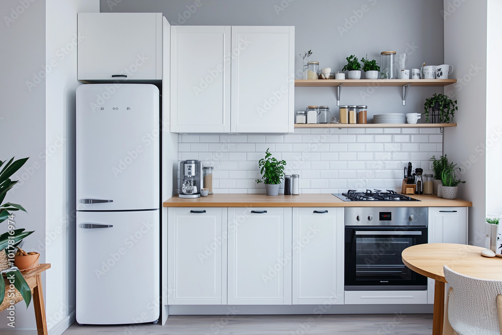 Small white kitchen interior with wooden countertop, retro fridge, and open shelving, combining functionality and style in a compact space