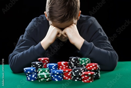 A young man sits at a table, his head in his hands, surrounded by stacks of poker chips.  He appears to be losing and is feeling defeated.