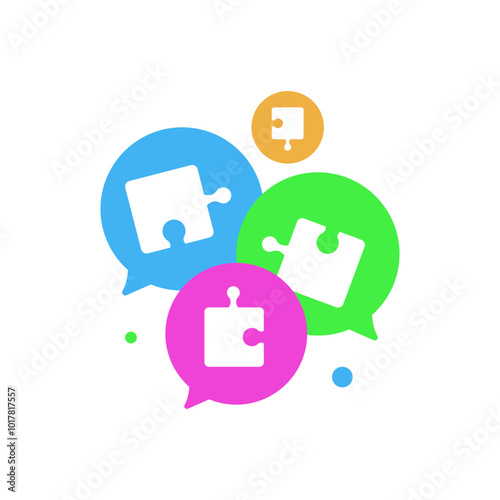 concept illustration of brainstorming or collaborative discussion with bubble speech and jigsaw puzzle