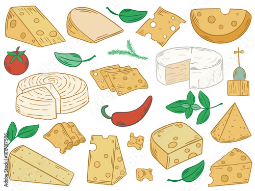 Cheese of different shapes and varieties hand drawn color set. Dairy products, clip art cheese collection of hard, soft, aged, with holes, mature and blue cheese. Vector graphics