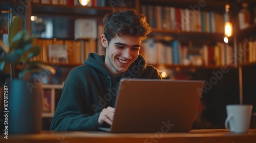 Happy Young Man Working on Laptop in Cozy Environment