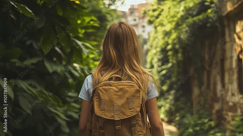 Young Woman Walking Through Lush Green Pathway Young Woman Walking Through Lush Green Pathway