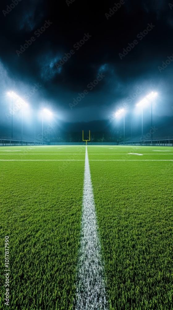 Obraz premium Football Field Under Dramatic Night Sky with Bright Stadium Lights, AI