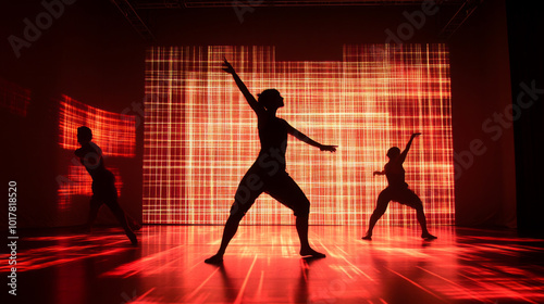 A group of people are dancing in front of a red wall