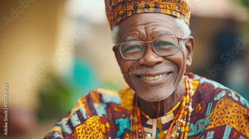 Senior smiling in traditional attire, proudly wearing cultural garments, reflecting pride in heritage and a sense of belonging.