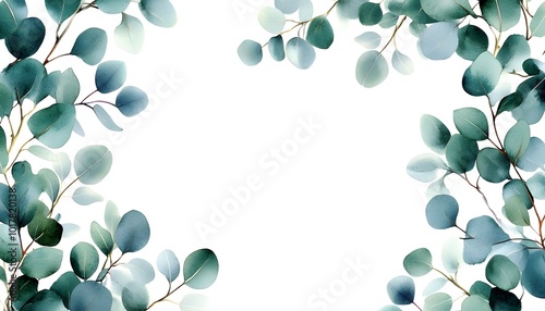 Watercolor Painting of Eucalyptus Leaves Bordering a White Space