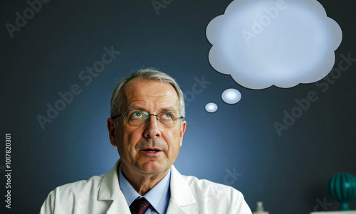 a man with glasses and a white lab coat is looking at a man with a speech bubble above his head