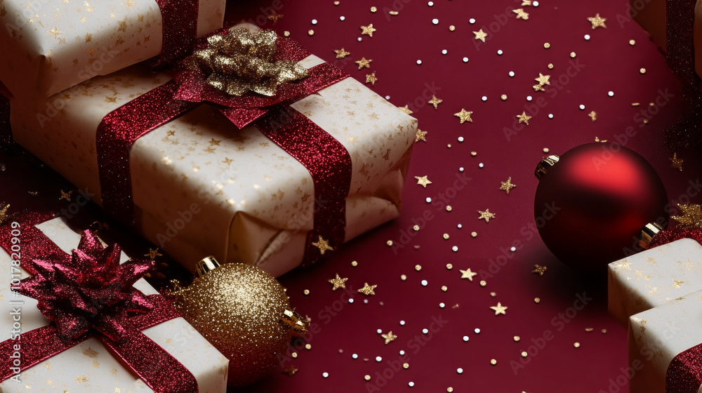 A red and white Christmas gift box with a gold bow sits on a red background A red and white Christmas gift box with a gold bow sits on a red background