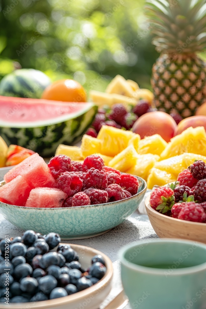 A summer BBQ featuring colorful summer fruits as desserts. Watermelon, berries, and pineapple are arranged on a table for, Generative AI A summer BBQ featuring colorful summer fruits as desserts. Watermelon, berries, and pineapple are arranged on a table for, Generative AI