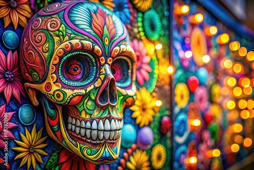 Vibrant Colorful Skull Mural with Bokeh Effect for Stunning Visual Impact