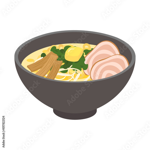 味噌カレー牛乳ラーメン。フラットなベクターイラスト。
Miso curry milk ramen. Flat vector illustration.