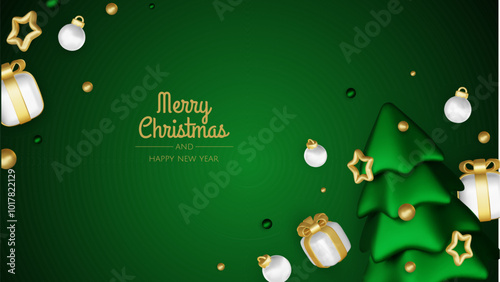 Happy New Year and Merry Christmas. Christmas holiday background with realistic 3d objects,gold and red bauble balls, conical metal stars. Levitation falling design composition.