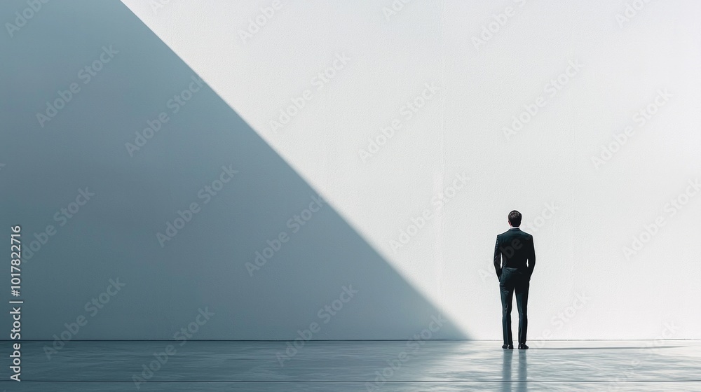 A man in a suit stands in front of a wall, looking out into the distance A man in a suit stands in front of a wall, looking out into the distance