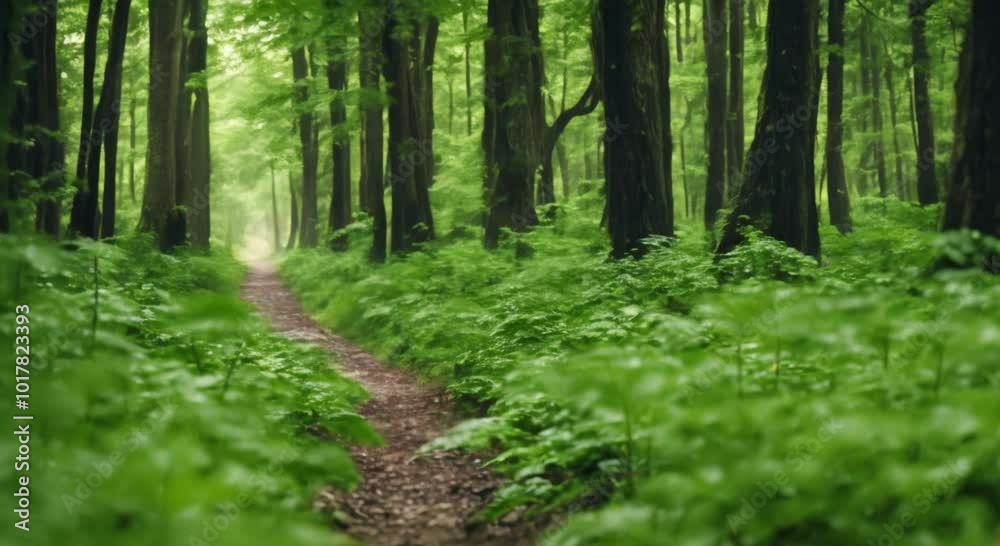 Rain on a Forest Trail Surrounded by Green Trees Rain on a Forest Trail Surrounded by Green Trees