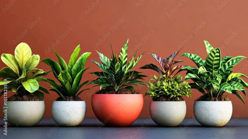 Five potted plants sit on a table in front of a brown wall
