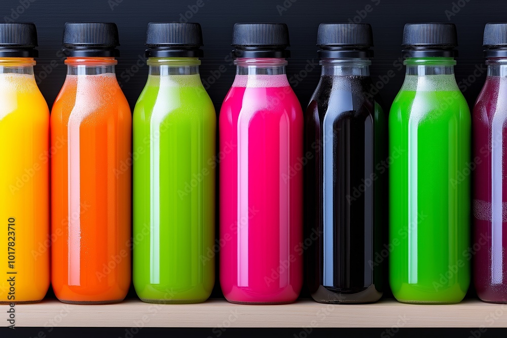 Row of bottles of juice with different colors. The bottles are lined up on a shelf. Colorful assortment of juice bottles neatly arranged on shelves, showcasing various flavors and vibrant hues Row of bottles of juice with different colors. The bottles are lined up on a shelf. Colorful assortment of juice bottles neatly arranged on shelves, showcasing various flavors and vibrant hues