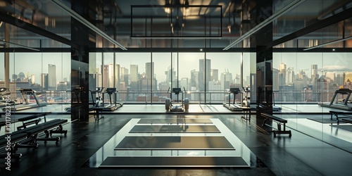 High-rise fitness center with view, City skyline gym workout spaces, Glass wall gym with city view
