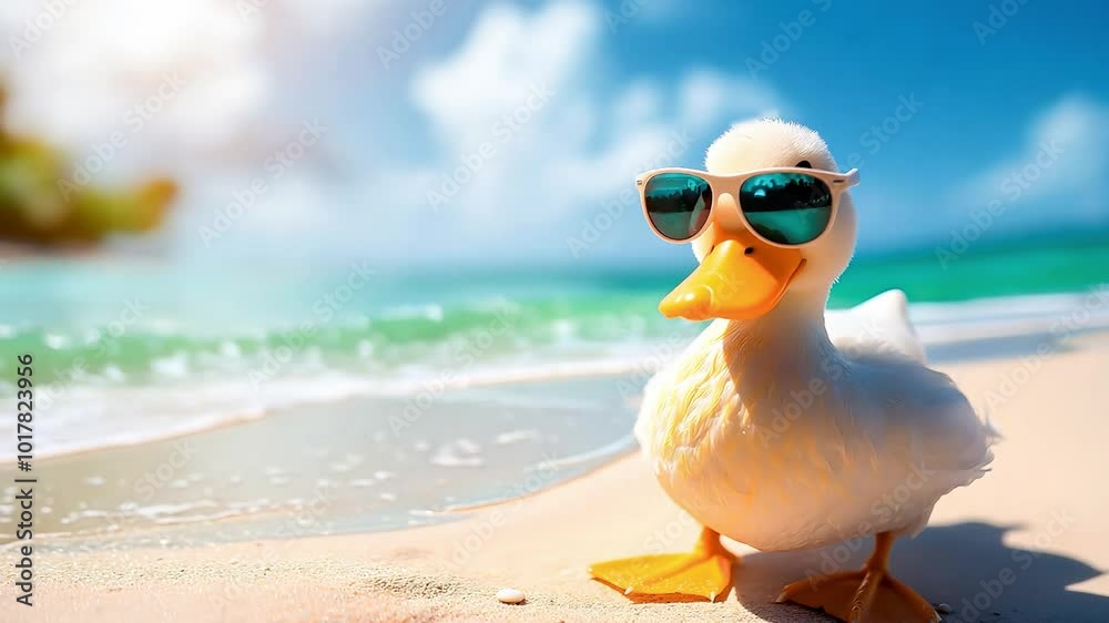 Funny duck with sunglasses on a sunny beach Funny duck with sunglasses on a sunny beach