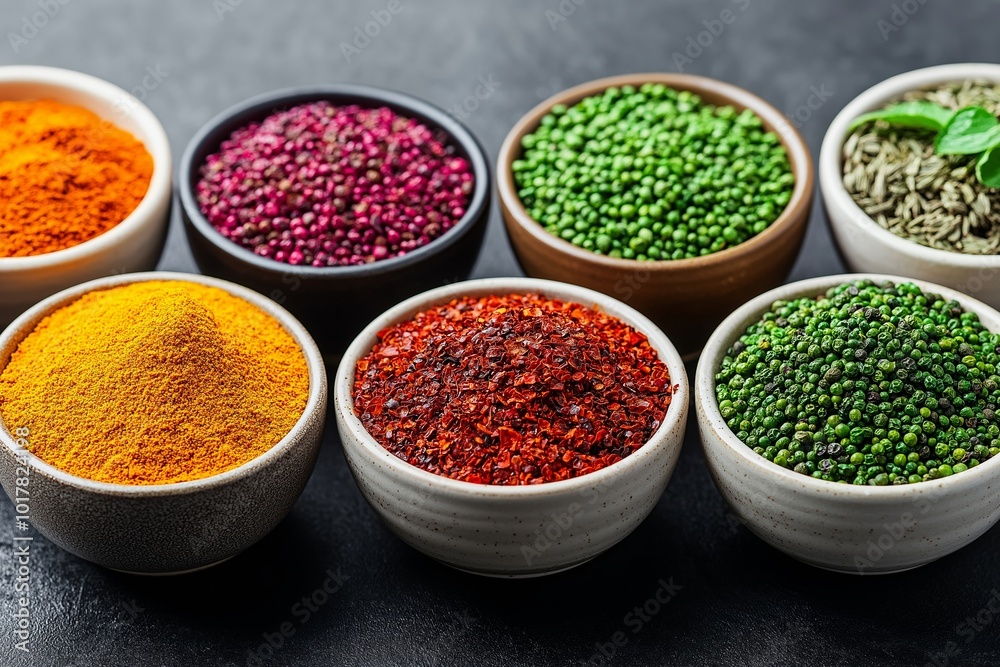 Row of bowls with different colored spices. bowls are arranged in a row and are of different sizes. Colorful array of spices in bowls, vibrant colors and varieties, perfect for culinary themes Row of bowls with different colored spices. bowls are arranged in a row and are of different sizes. Colorful array of spices in bowls, vibrant colors and varieties, perfect for culinary themes