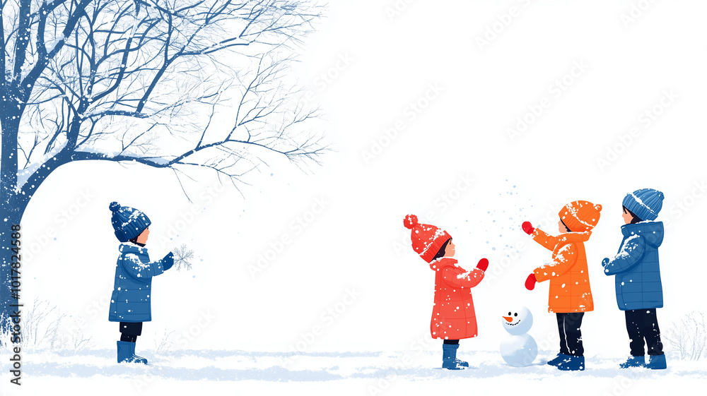 Children playing in snow, building snowman and enjoying winter activities. scene captures joy and excitement of snowy day with colorful winter clothing