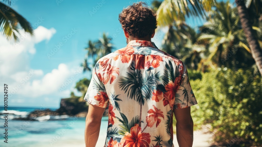 Tight shirt with tropical beach backdrop Perfect for travel and fashion campaigns focused on exotic, picturesque beach destinations. Tight shirt with tropical beach backdrop Perfect for travel and fashion campaigns focused on exotic, picturesque beach destinations.