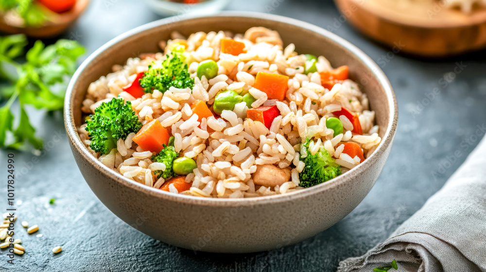 Steaming bowl of brown rice with vegetables and chicken breast Steaming bowl of brown rice with vegetables and chicken breast