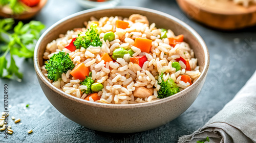 Steaming bowl of brown rice with vegetables and chicken breast