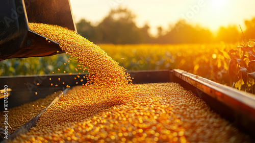 Harvester Pouring Freshly Harvested Soybeans into Container at Sunset, Closeup Detail in Field, Agriculture, Harvest Time, Autumn Afternoon, Farming Equipment in Action, Rural Industry