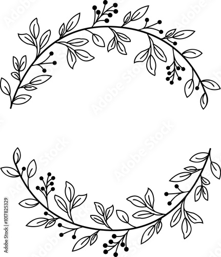 Black And White Floral Wreath With Leaves And Berries For Christmas. Minimalist And Elegant Design For Holiday Decorations And Seasonal Projects, Xmas Decor, Cards, And Traditional Winter Celebrations