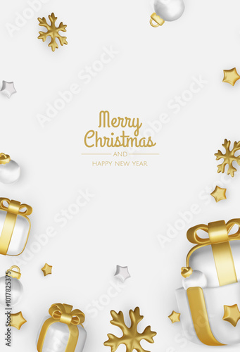 Christmas winter festive composition. Colorful Xmas background realistic 3d decorative design objects, christmas tree, gift boxes, xmas ball, gold confetti. Happy New Year. Vector illustration