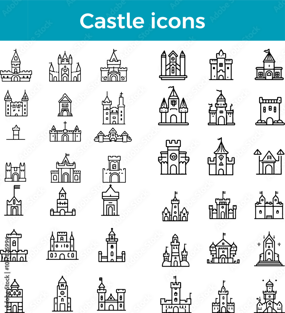 Obraz premium Castle Icons Line Fortress Icon Medieval Icon Fantasy Icon Vector