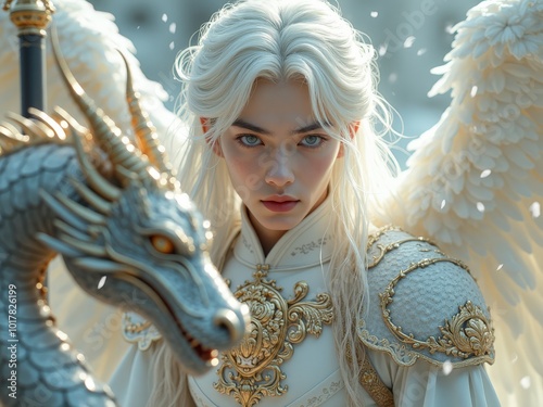 Boy with white hair and a dragon. photo