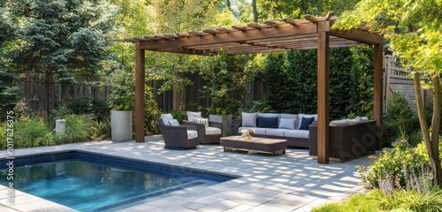 Luxurious backyard setting with a pergola and stylish furniture by the pool.